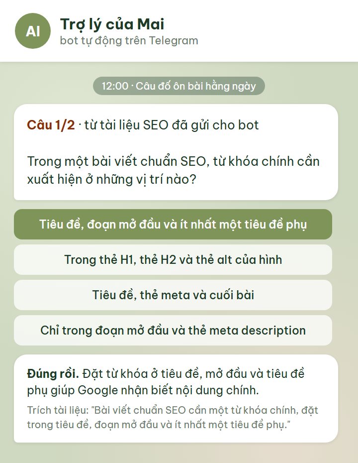 Bot Telegram ra câu hỏi ôn bài từ tài liệu SEO
